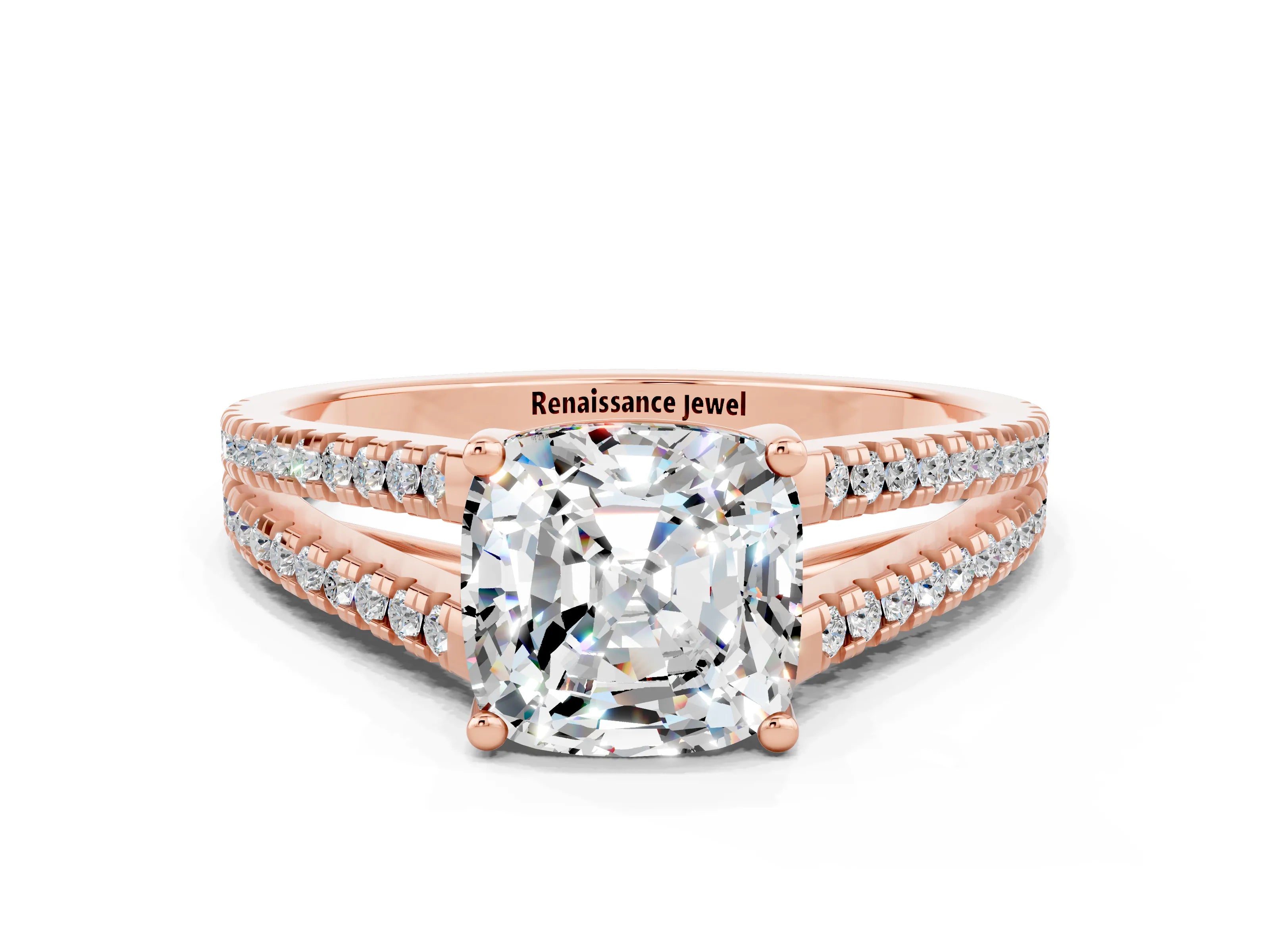 Rose gold Cushion Cut Moissanite Solitaire Engagement Ring with Split Shank Pavé Band