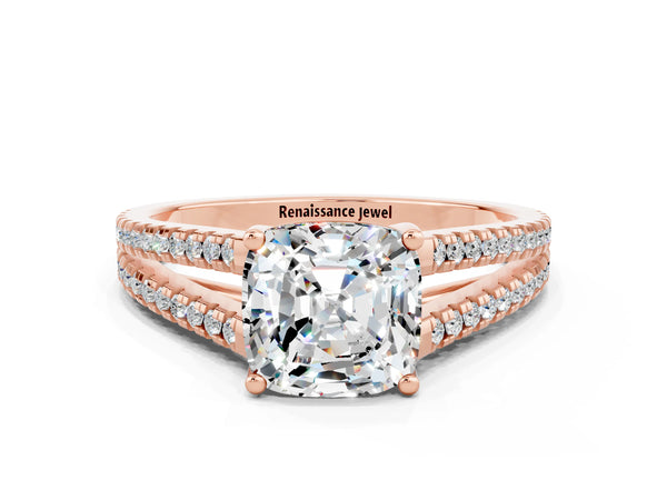 Rose gold Cushion Cut Moissanite Solitaire Engagement Ring with Split Shank Pavé Band