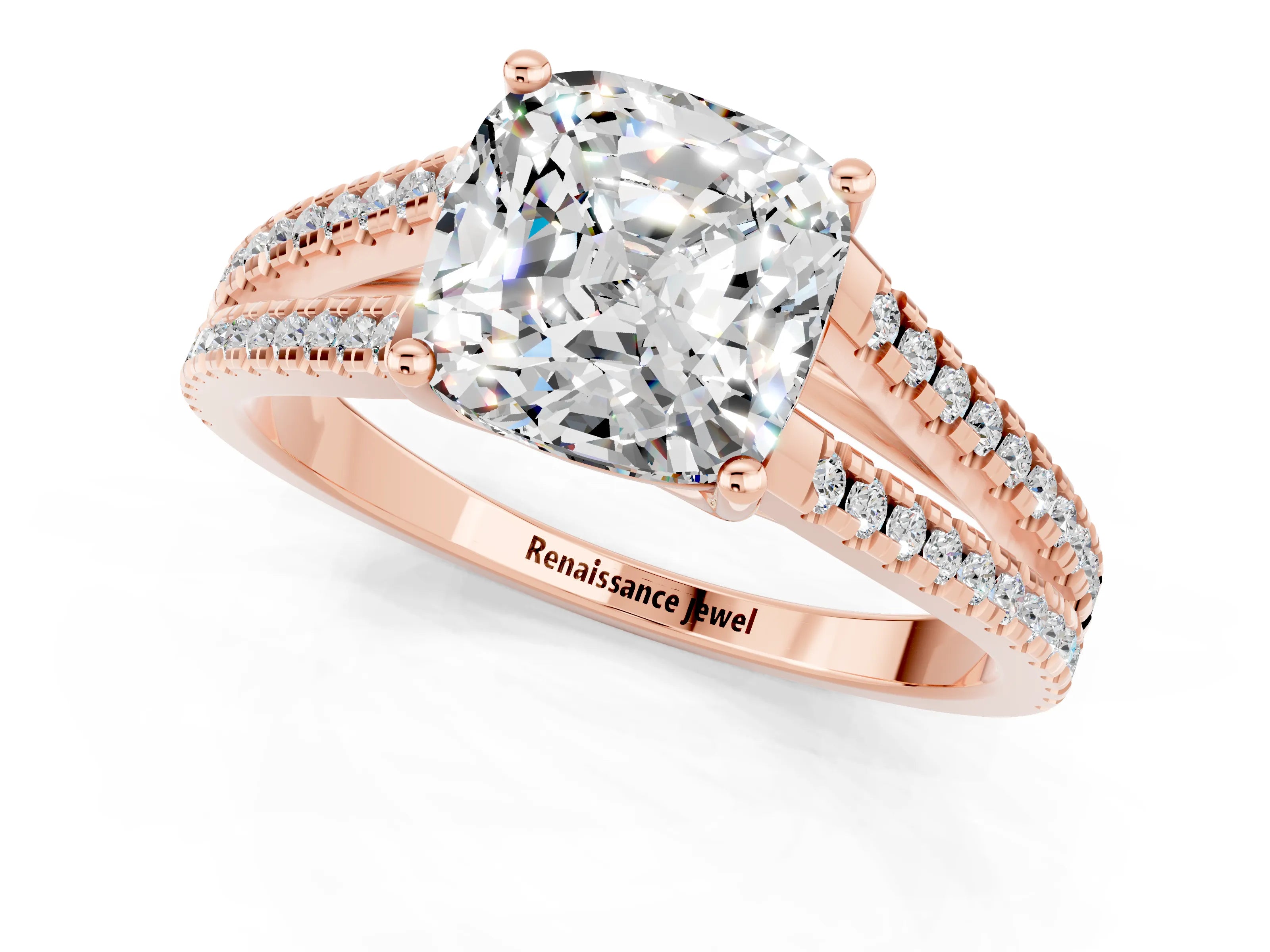 Rose gold Cushion Cut Moissanite Solitaire Engagement Ring with Split Shank Pavé Band_1
