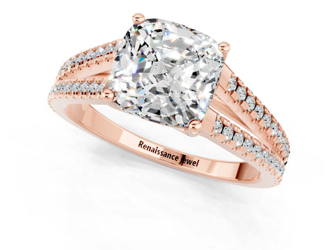 Rose gold Cushion Cut Moissanite Solitaire Engagement Ring with Split Shank Pavé Band_1