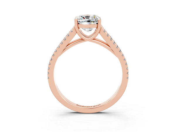 Rose gold Cushion Cut Moissanite Solitaire Engagement Ring with Split Shank Pavé Band