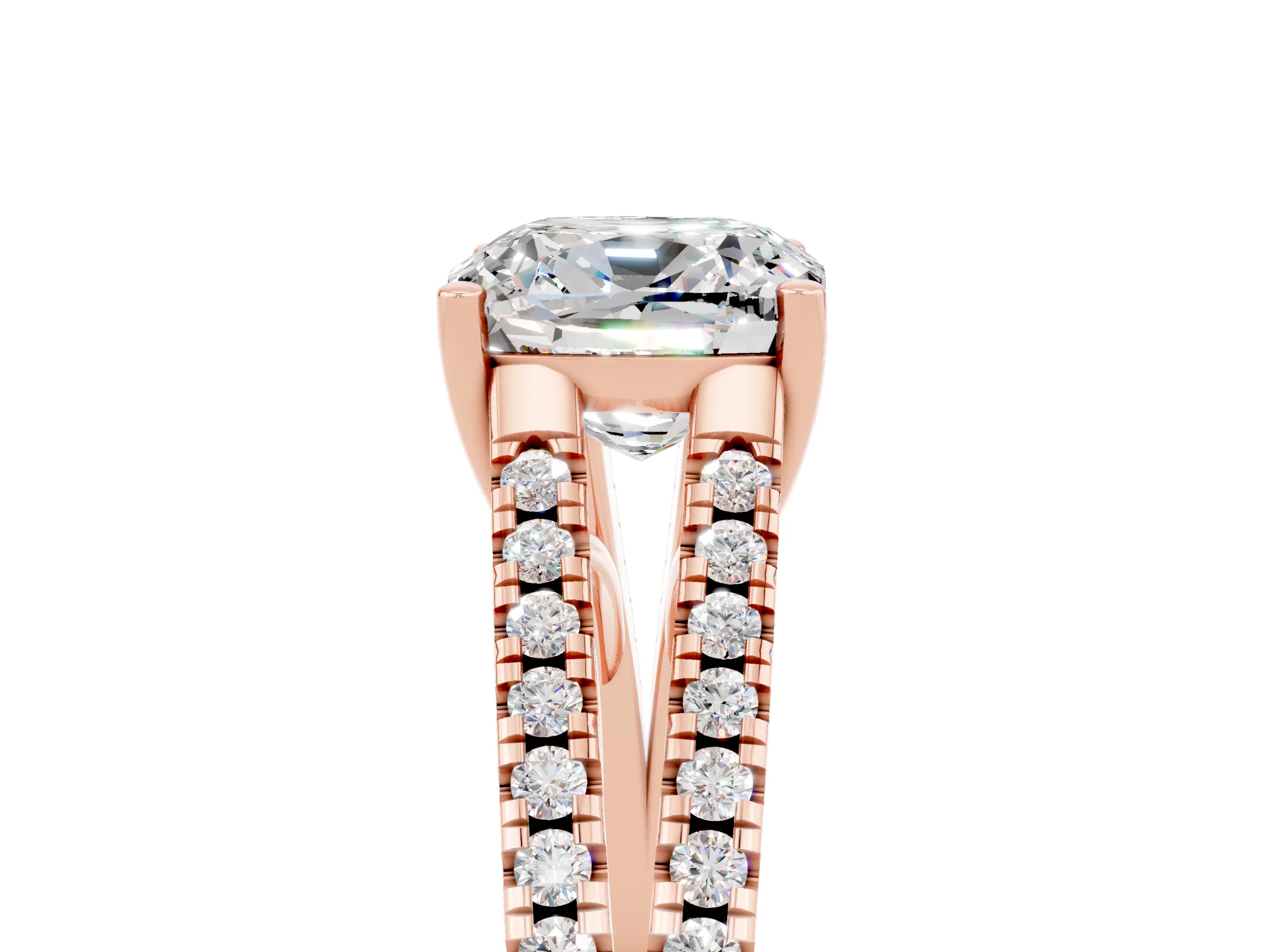 Rose gold Cushion Cut Moissanite Solitaire Engagement Ring with Split Shank Pavé Band_5
