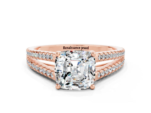 Rose gold Cushion Cut Moissanite Solitaire Engagement Ring with Split Shank Pavé Band