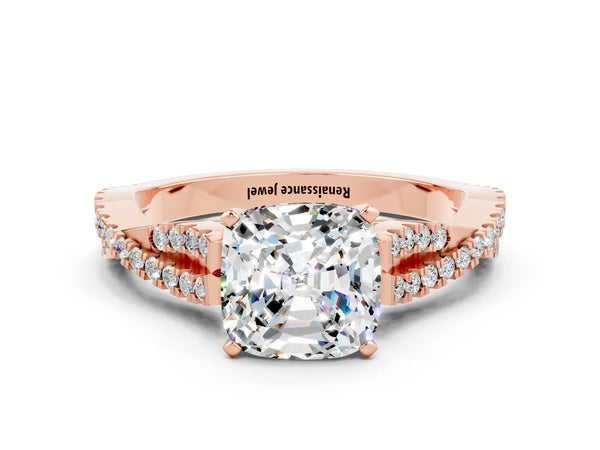 Rose gold Cushion Cut Moissanite Solitaire Engagement Ring with Twisted Pavé Band and Four-Prong Setting