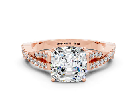 Rose gold Cushion Cut Moissanite Solitaire Engagement Ring with Twisted Pavé Band and Four-Prong Setting_12