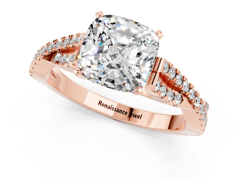Rose gold Cushion Cut Moissanite Solitaire Engagement Ring with Twisted Pavé Band and Four-Prong Setting_13