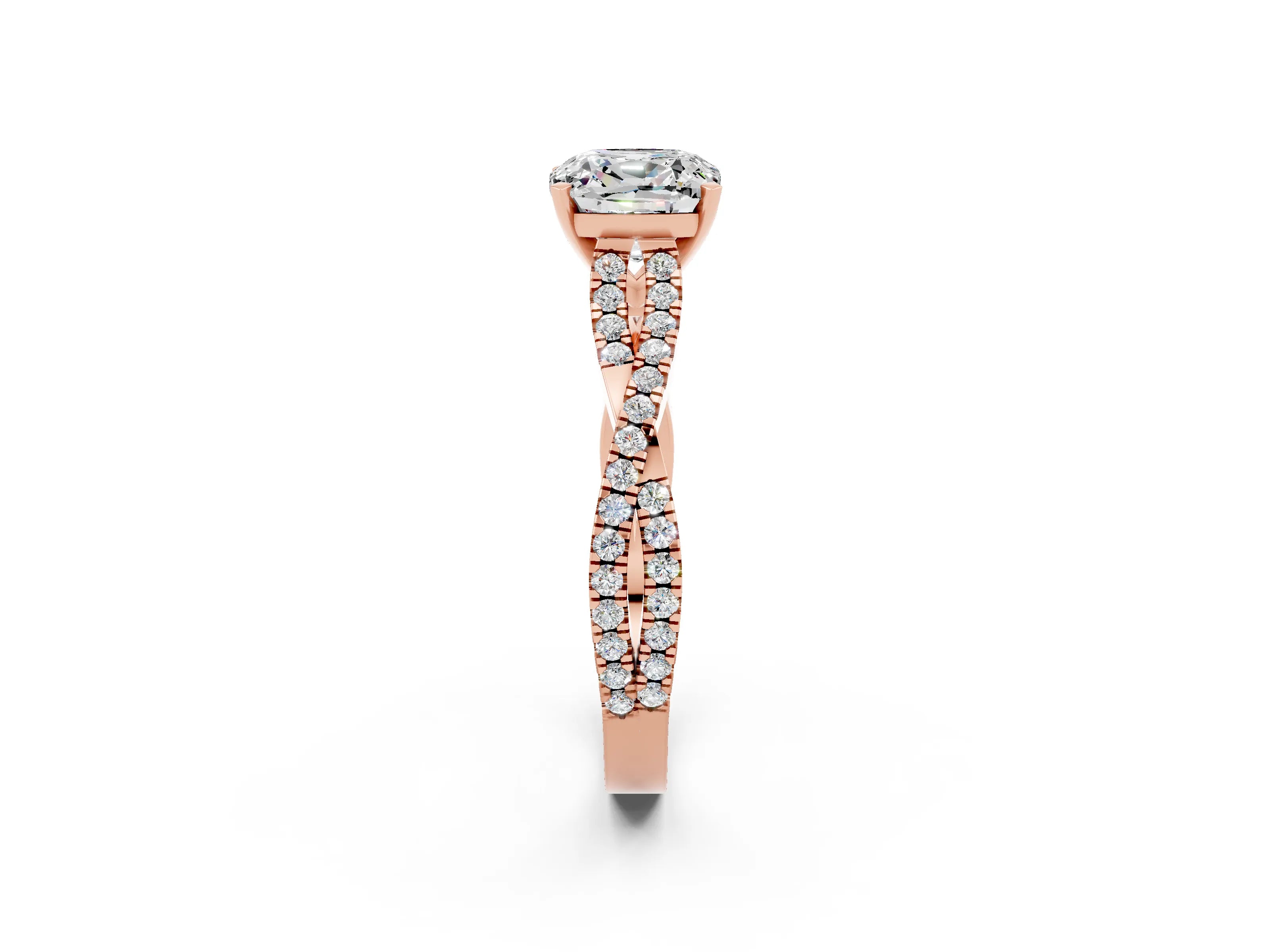 Rose gold Cushion Cut Moissanite Solitaire Engagement Ring with Twisted Pavé Band and Four-Prong Setting_14