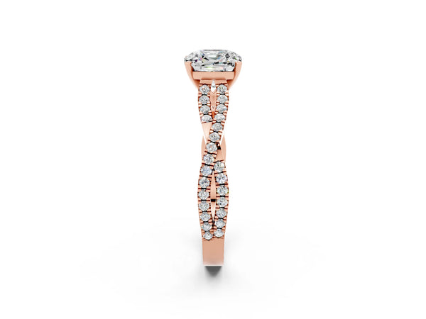 Rose gold Cushion Cut Moissanite Solitaire Engagement Ring with Twisted Pavé Band and Four-Prong Setting