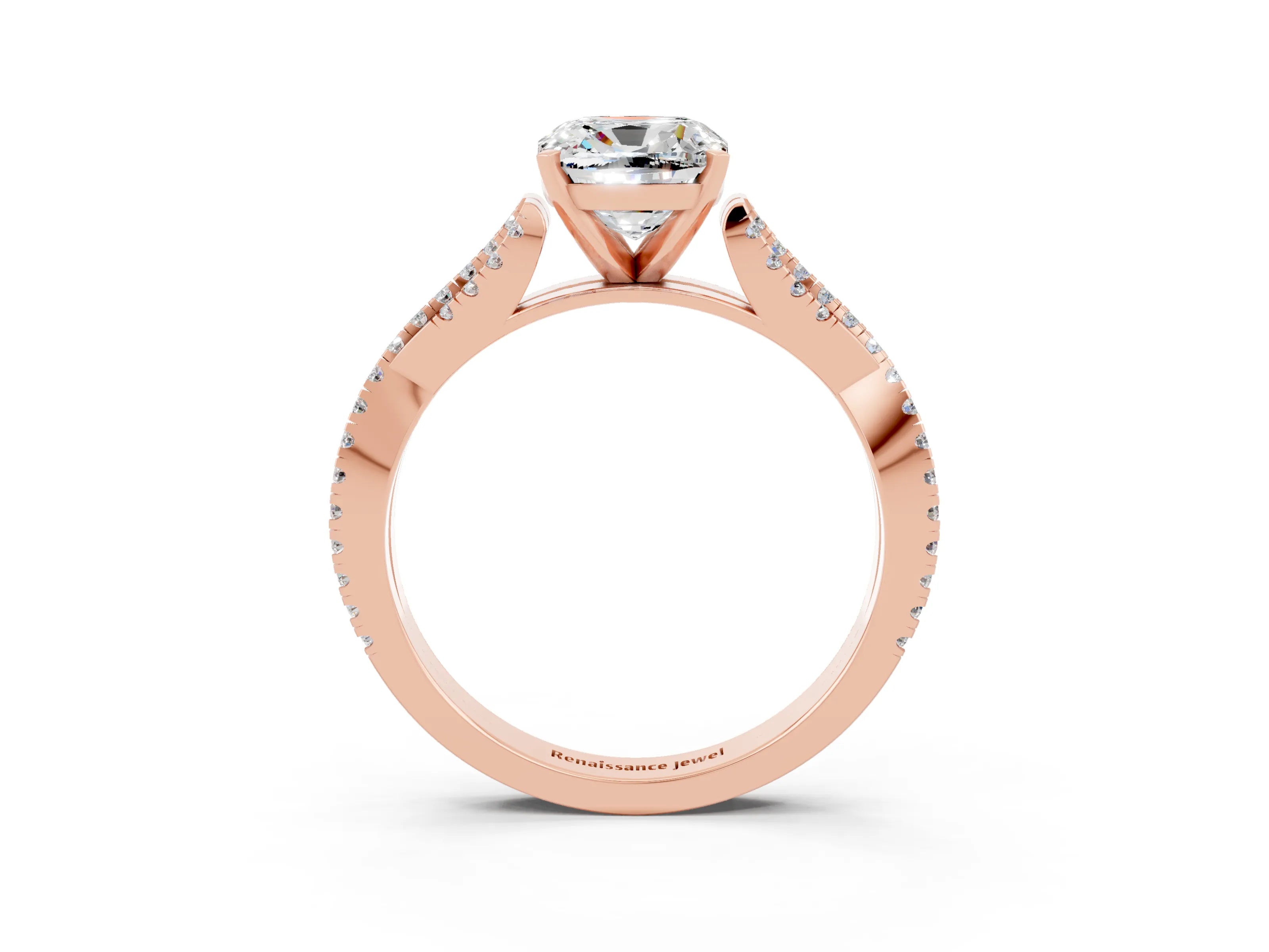 Rose gold Cushion Cut Moissanite Solitaire Engagement Ring with Twisted Pavé Band and Four-Prong Setting_15