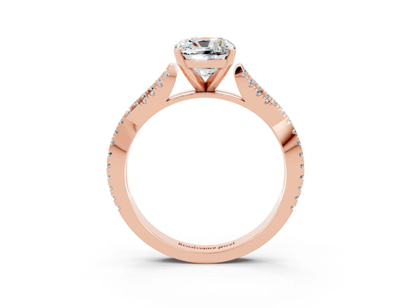 Rose gold Cushion Cut Moissanite Solitaire Engagement Ring with Twisted Pavé Band and Four-Prong Setting
