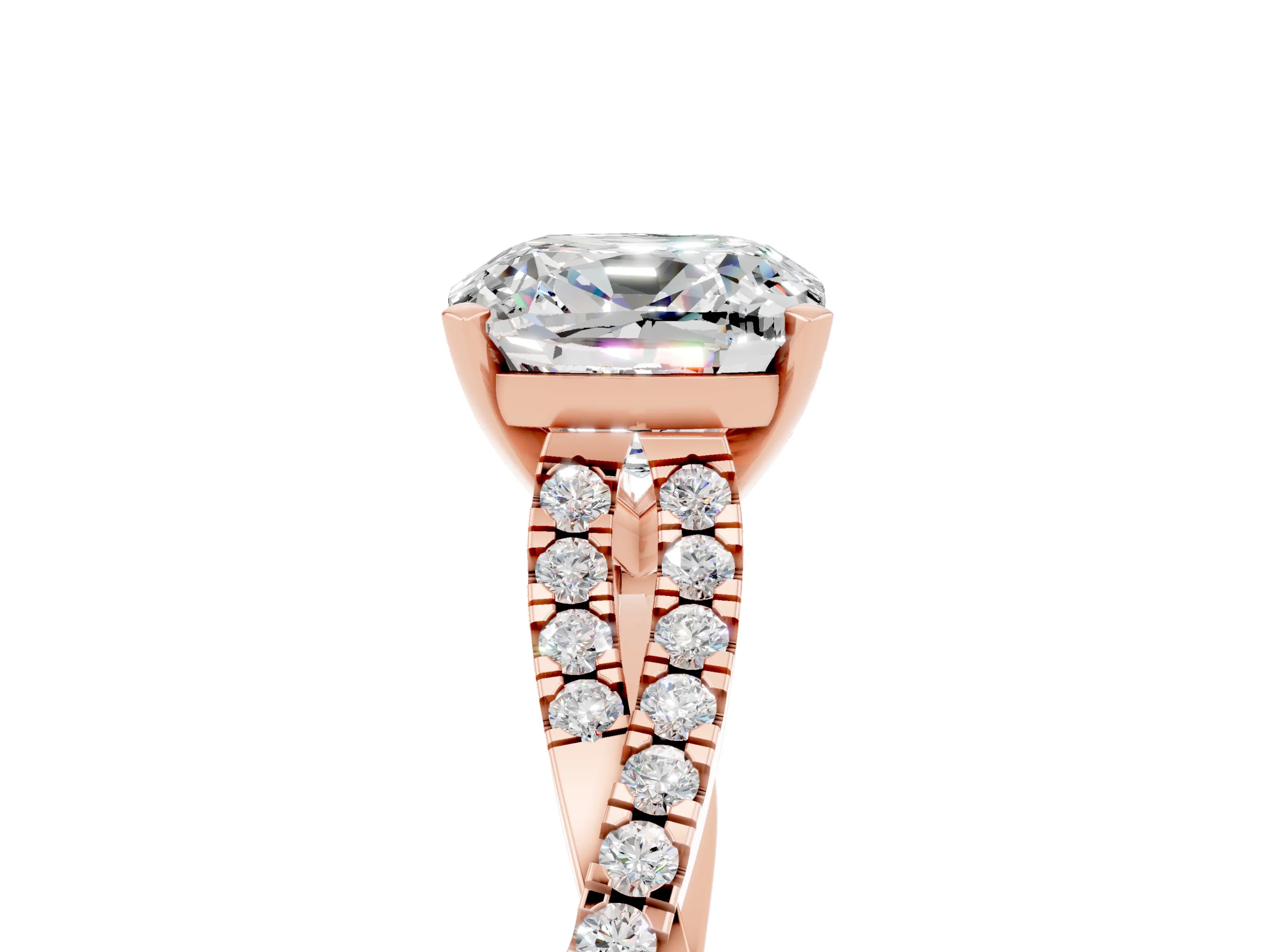Rose gold Cushion Cut Moissanite Solitaire Engagement Ring with Twisted Pavé Band and Four-Prong Setting_17