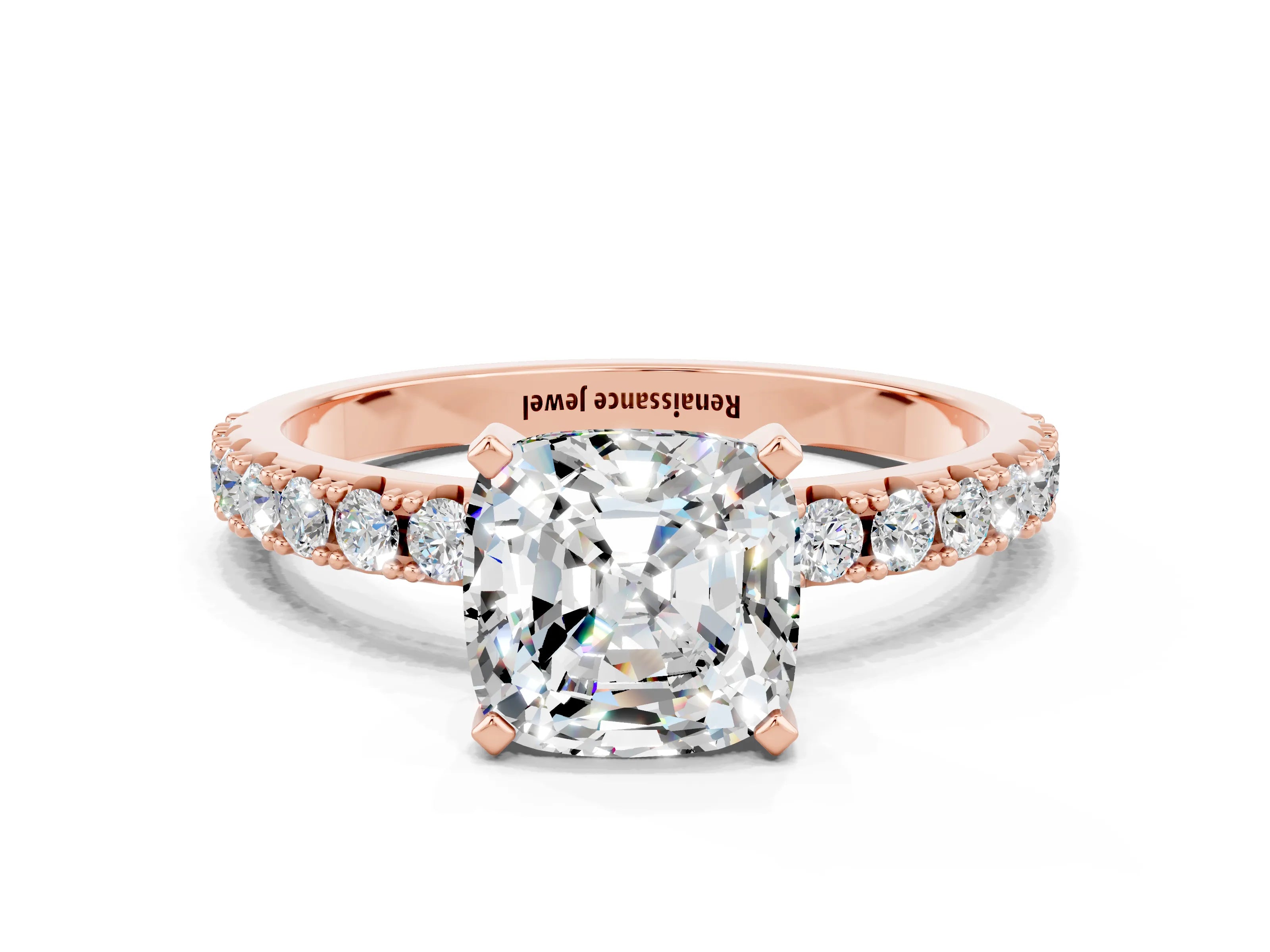 Rose gold Cushion Cut Moissanite Solitaire Pavé Band with Four-Prong Setting