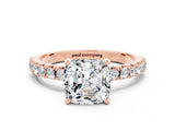 Rose gold Cushion Cut Moissanite Solitaire Pavé Band with Four-Prong Setting