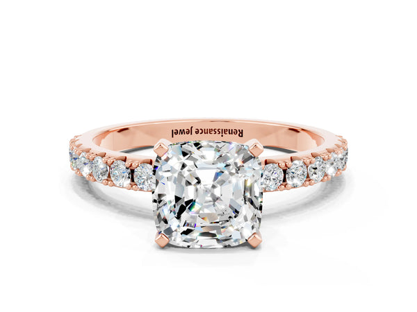 Rose gold Cushion Cut Moissanite Solitaire Pavé Band with Four-Prong Setting