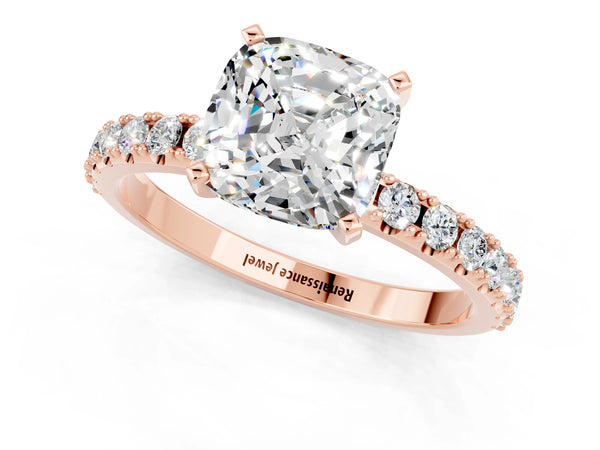 Rose gold Cushion Cut Moissanite Solitaire Pavé Band with Four-Prong Setting
