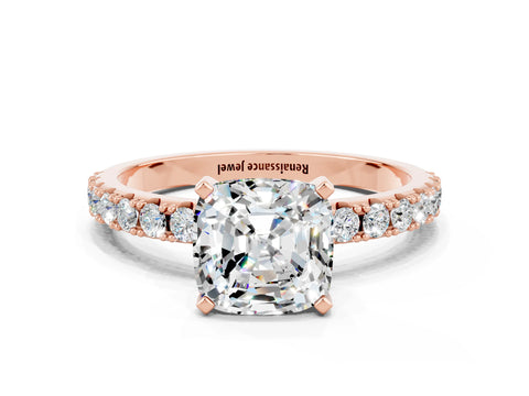 Rose gold Cushion Cut Moissanite Solitaire Pavé Band with Four-Prong Setting