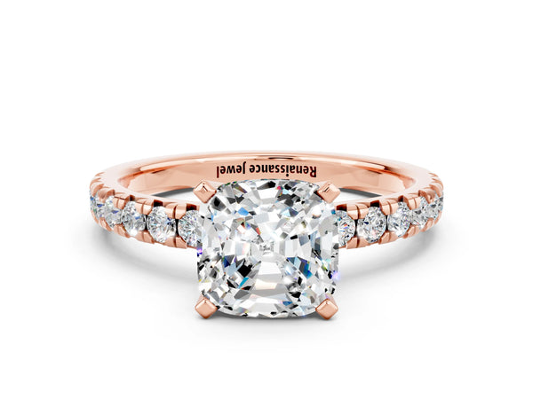 Rose gold Cushion Cut Moissanite Solitaire Pavé Engagement Ring with Round Band and Prong Setting