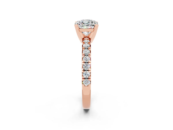 Rose gold Cushion Cut Moissanite Solitaire Pavé Engagement Ring with Round Band and Prong Setting