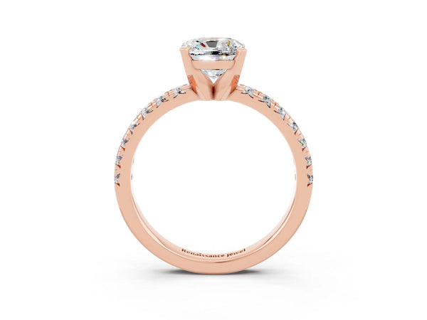 Rose gold Cushion Cut Moissanite Solitaire Pavé Engagement Ring with Round Band and Prong Setting