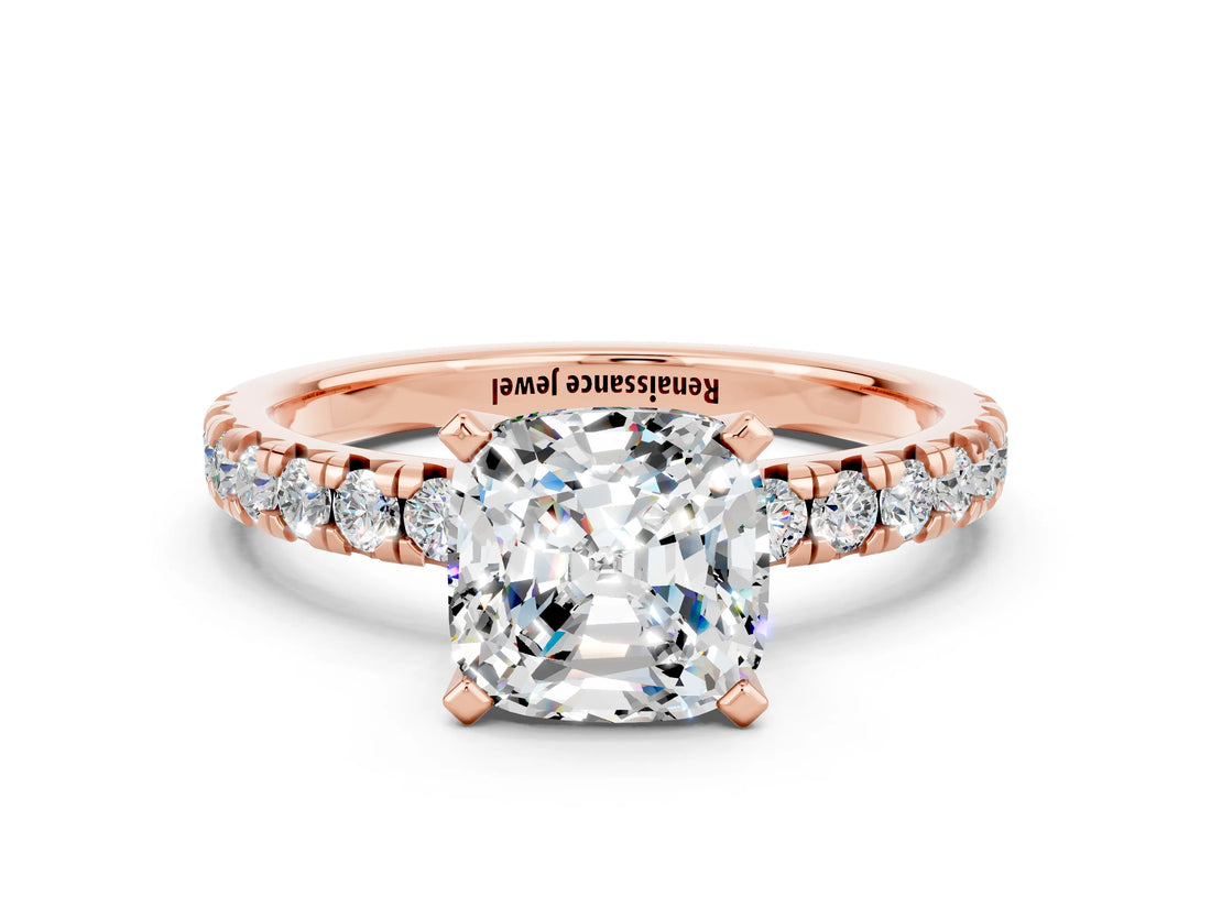 Rose gold Cushion Cut Moissanite Solitaire Pavé Engagement Ring with Round Band and Prong Setting_84