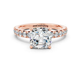 Rose gold Cushion Cut Moissanite Solitaire Pavé Engagement Ring with Round Band and Prong Setting_84