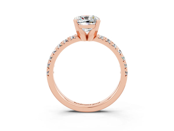 Rose gold Cushion Cut Moissanite Solitaire Pavé Engagement Ring with Round Band and Prong Setting