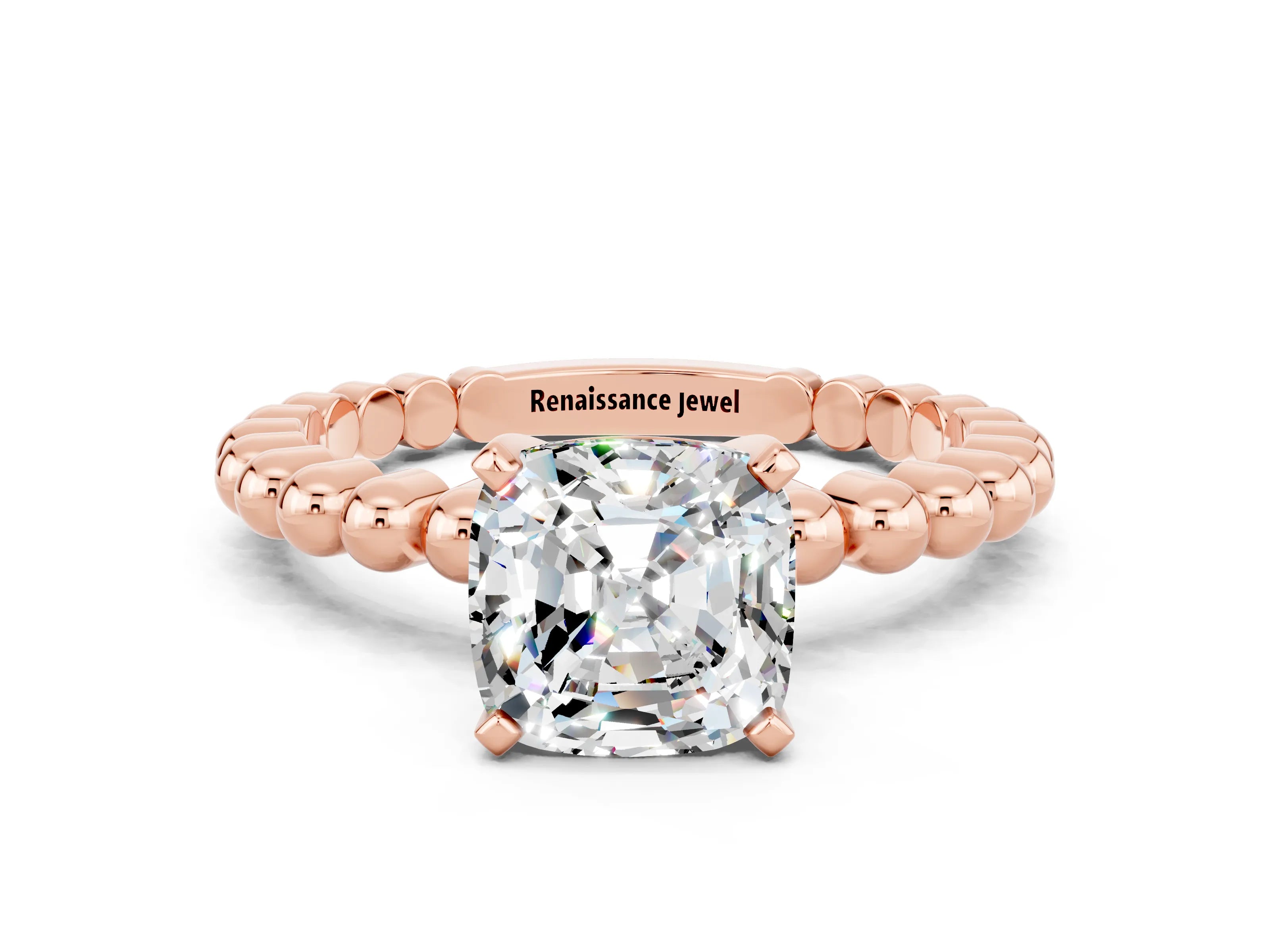 Rose gold Cushion Cut Moissanite Solitaire Ring with Beaded Band and Prong Setting