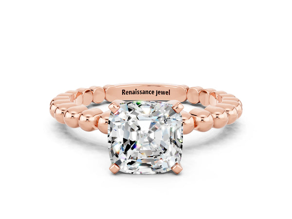 Rose gold Cushion Cut Moissanite Solitaire Ring with Beaded Band and Prong Setting