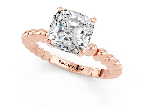 Rose gold Cushion Cut Moissanite Solitaire Ring with Beaded Band and Prong Setting_1