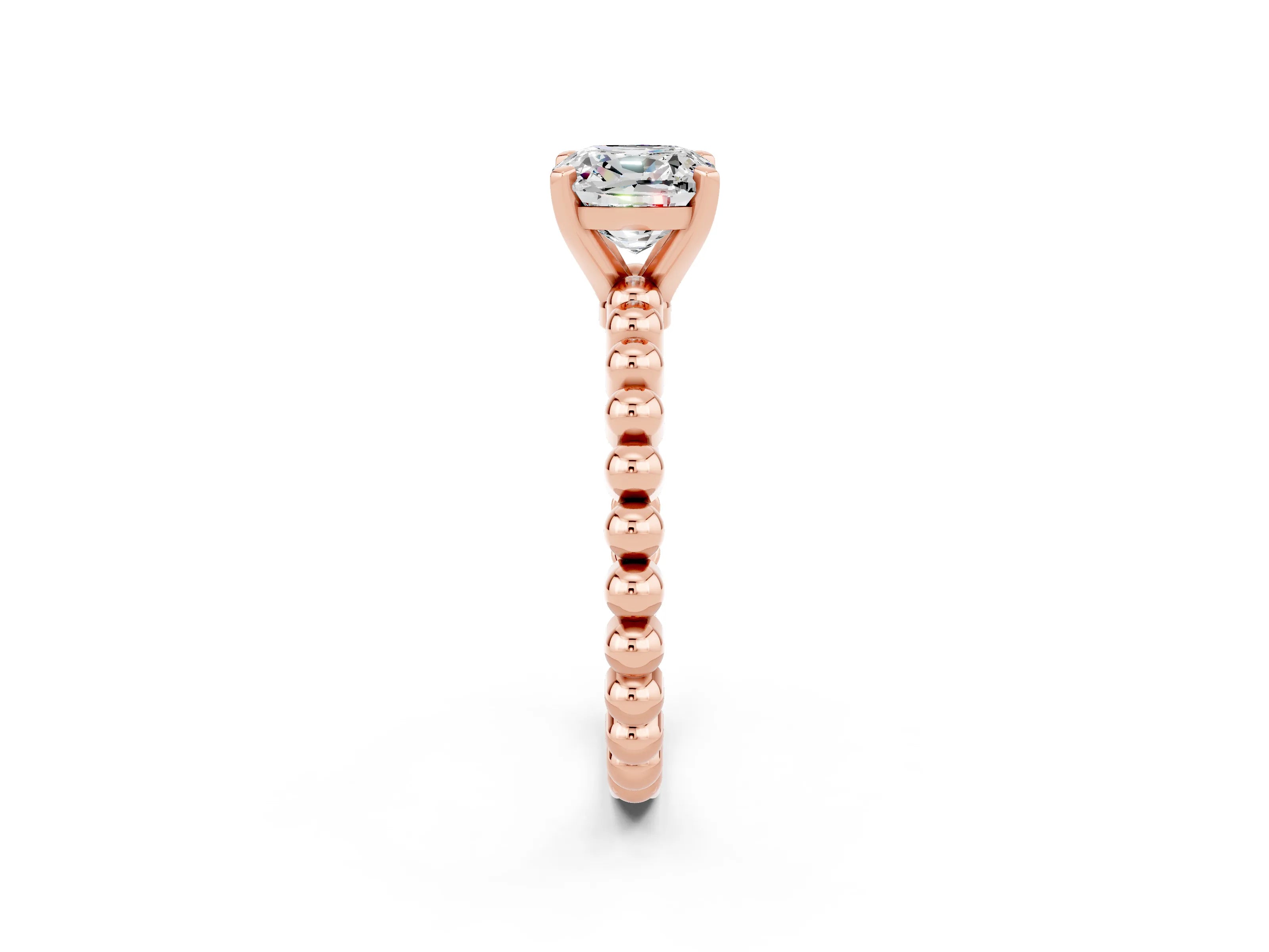 Rose gold Cushion Cut Moissanite Solitaire Ring with Beaded Band and Prong Setting_2