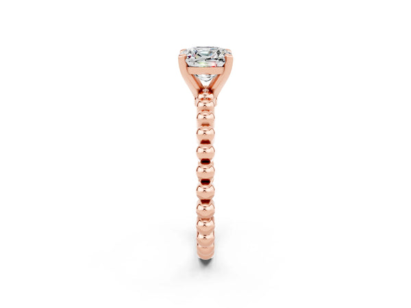 Rose gold Cushion Cut Moissanite Solitaire Ring with Beaded Band and Prong Setting