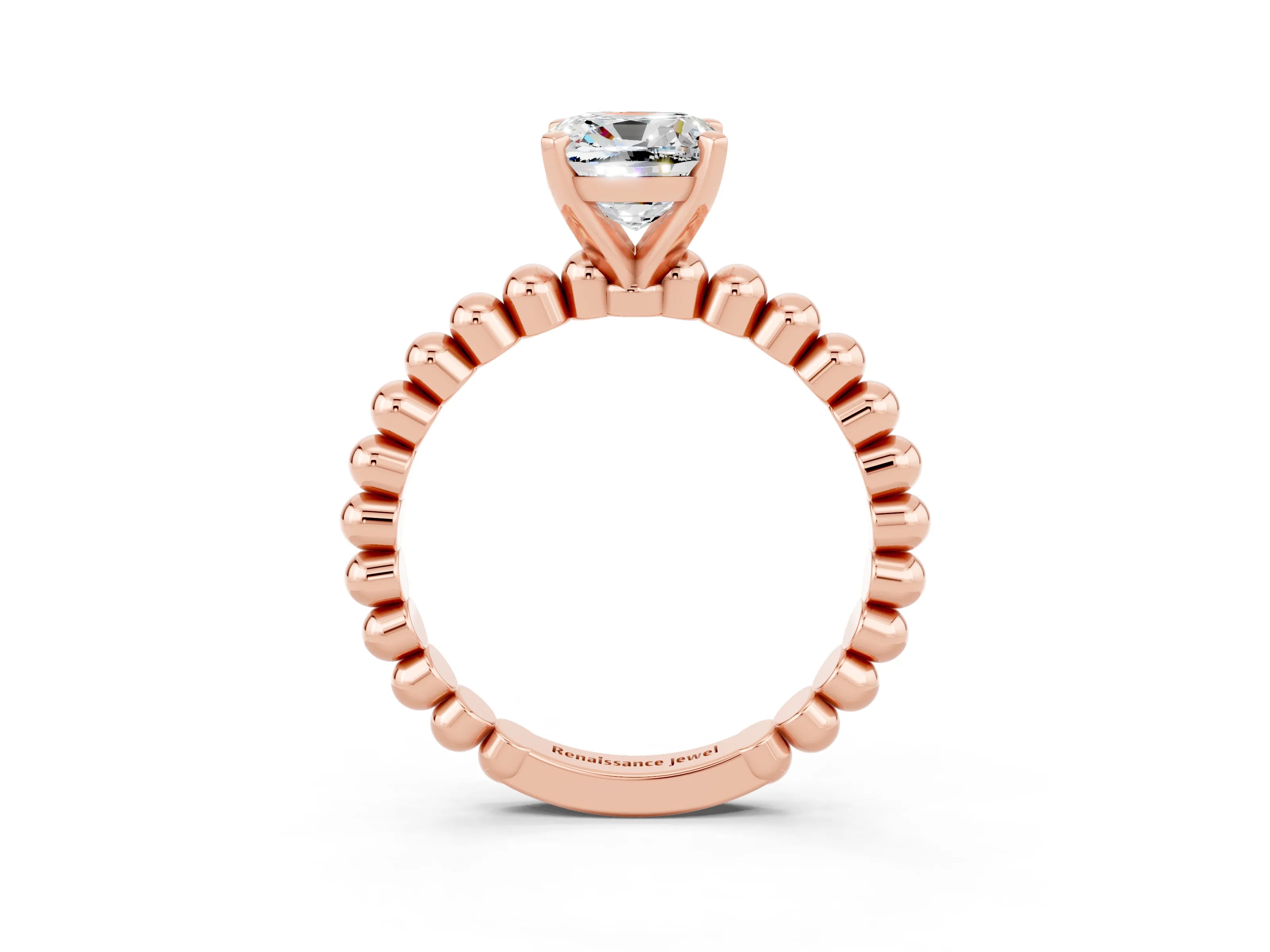 Rose gold Cushion Cut Moissanite Solitaire Ring with Beaded Band and Prong Setting_3