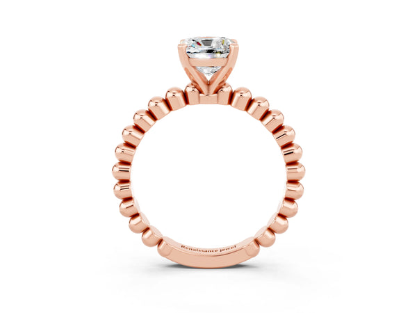 Rose gold Cushion Cut Moissanite Solitaire Ring with Beaded Band and Prong Setting