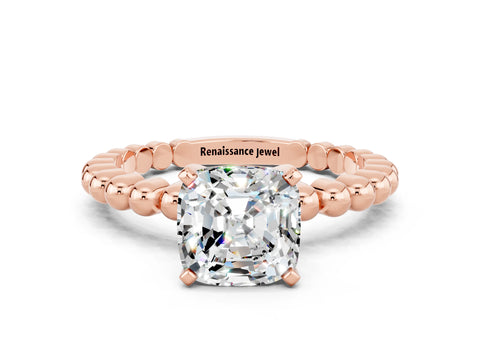Rose gold Cushion Cut Moissanite Solitaire Ring with Beaded Band and Prong Setting