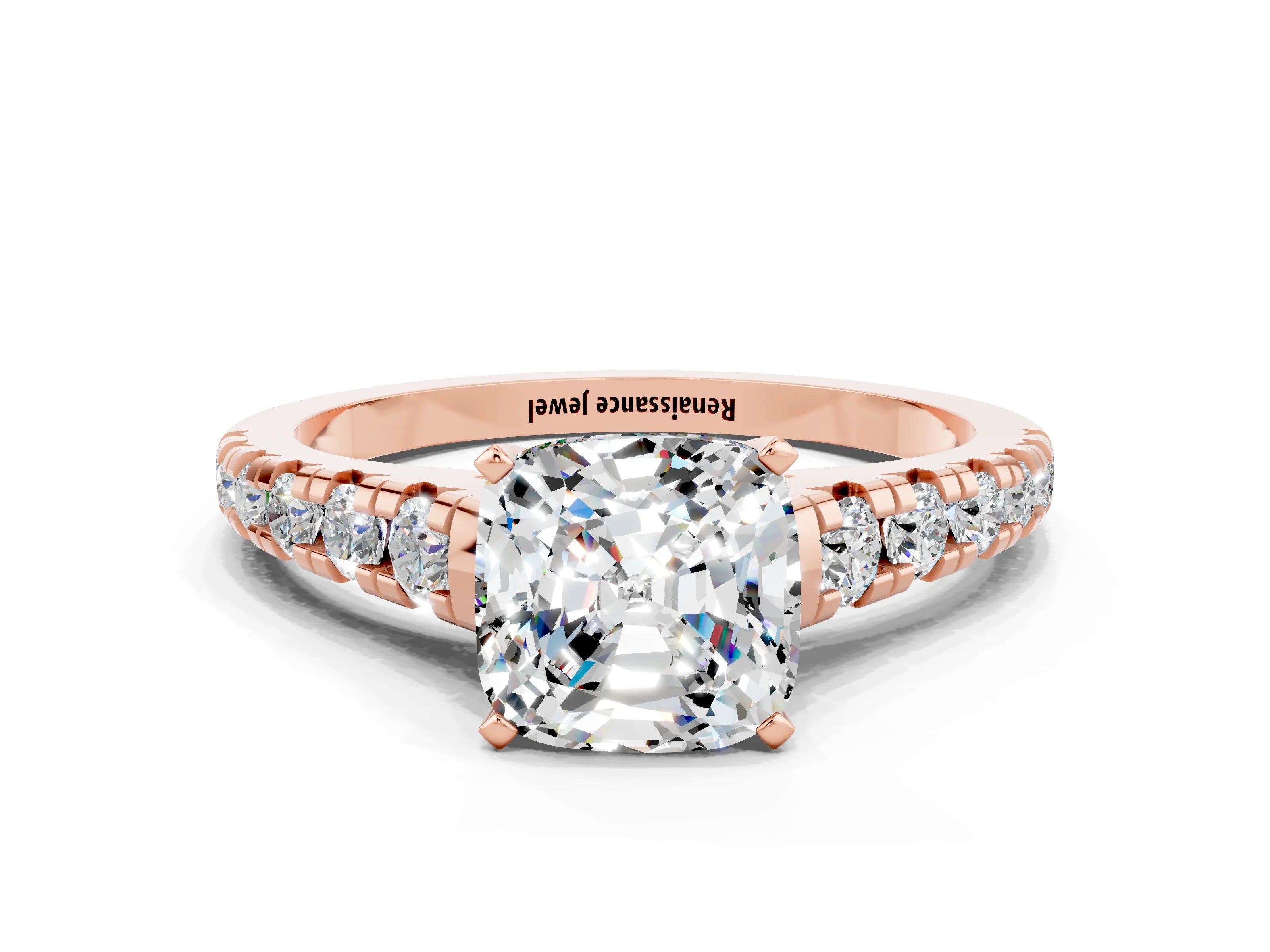 Rose gold Cushion Cut Moissanite Solitaire Ring with Cathedral Setting and Pavé Band