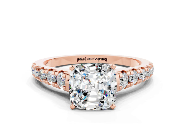 Rose gold Cushion Cut Moissanite Cathedral Solitaire Ring with Round  Pavé Band