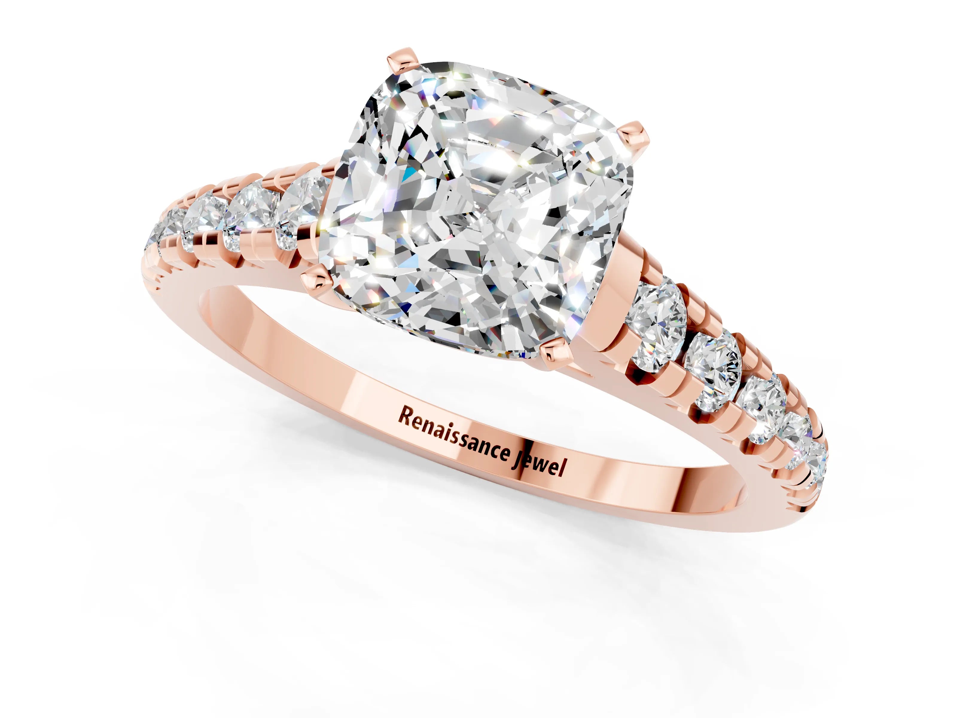 Rose gold Cushion Cut Moissanite Solitaire Ring with Cathedral Setting and Pavé Band_1