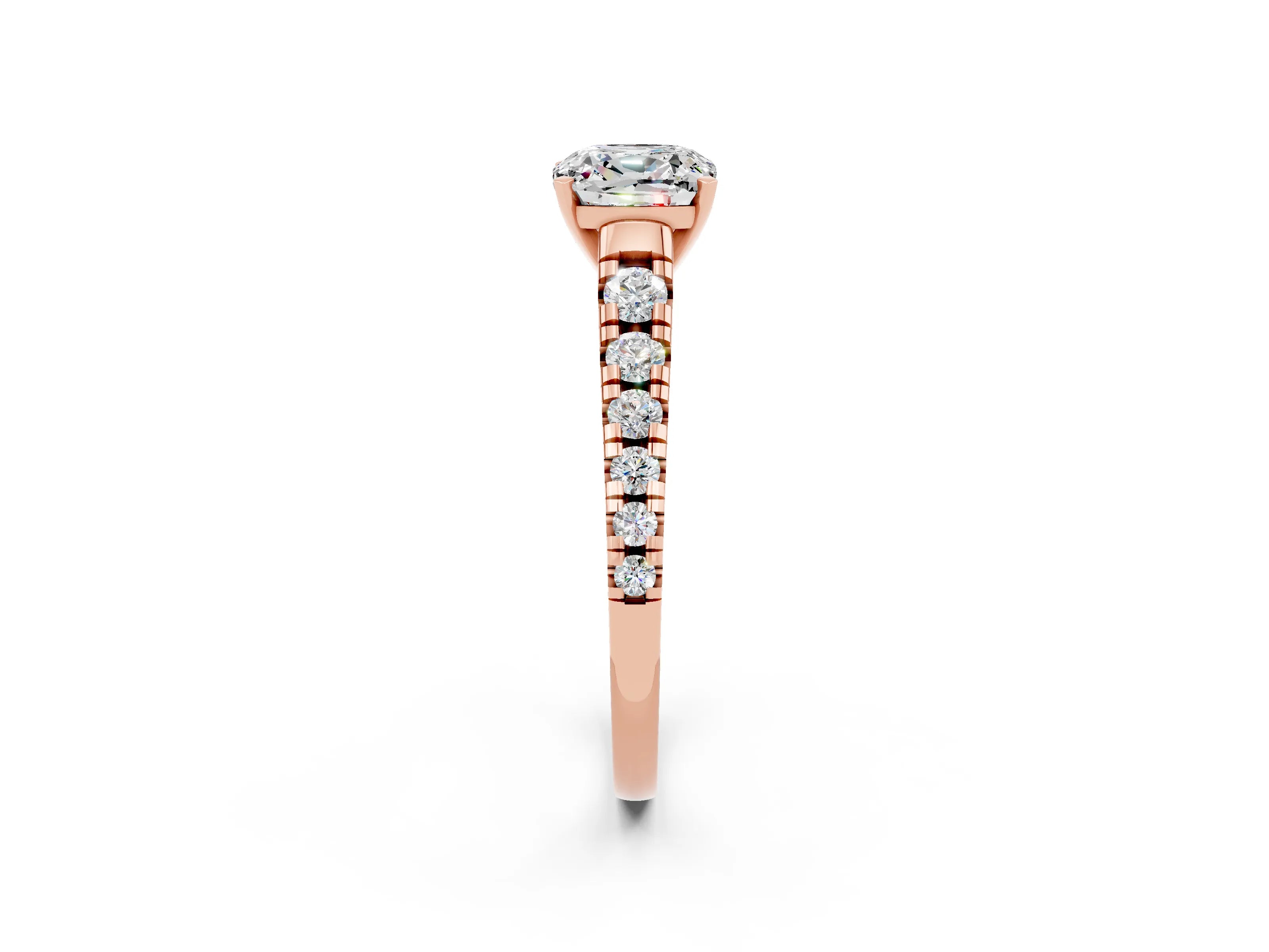 Rose gold Cushion Cut Moissanite Solitaire Ring with Cathedral Setting and Pavé Band_2