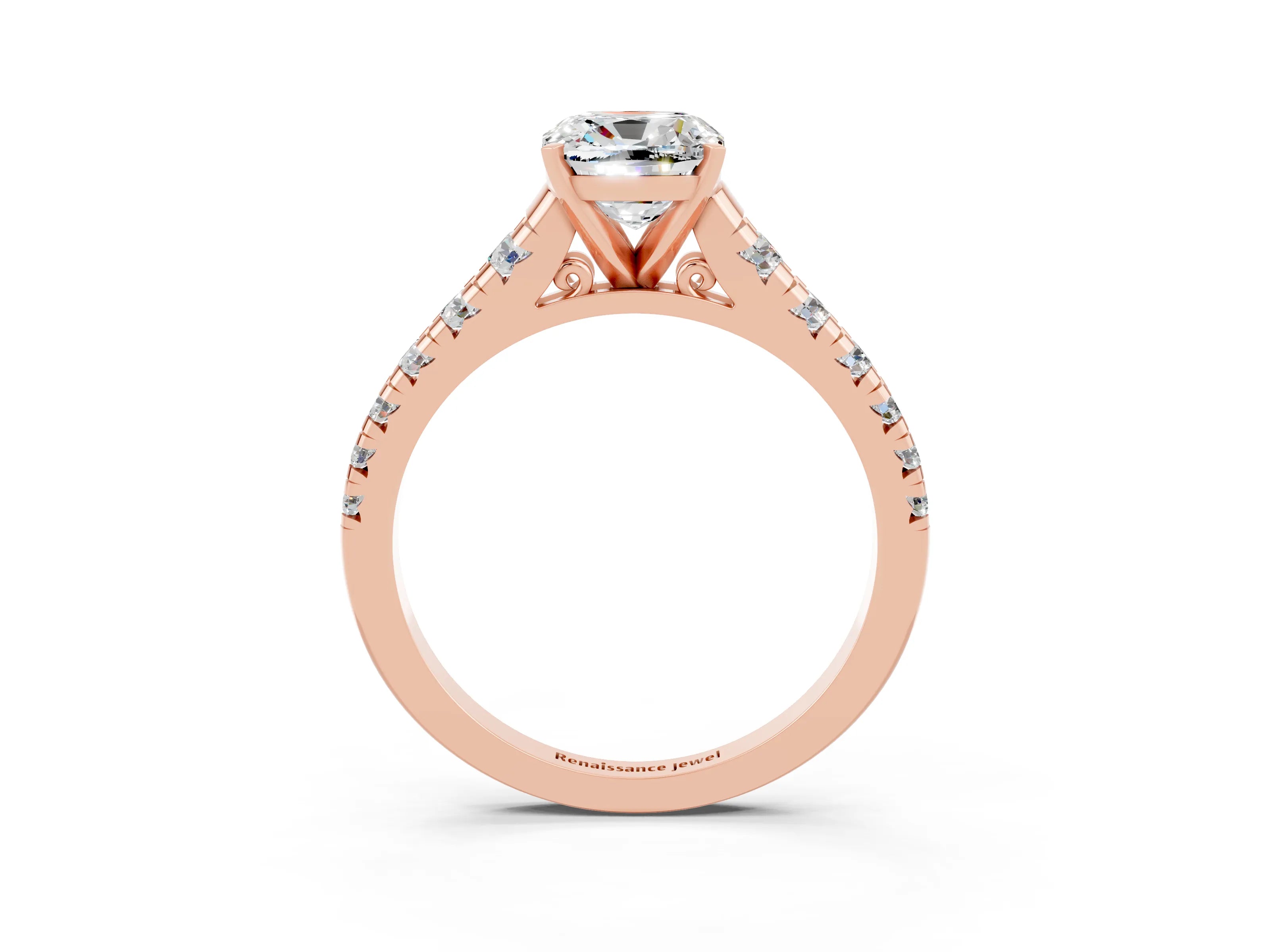 Rose gold Cushion Cut Moissanite Solitaire Ring with Cathedral Setting and Pavé Band_3