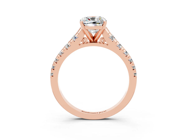 Rose gold Cushion Cut Moissanite Cathedral Solitaire Ring with Round  Pavé Band