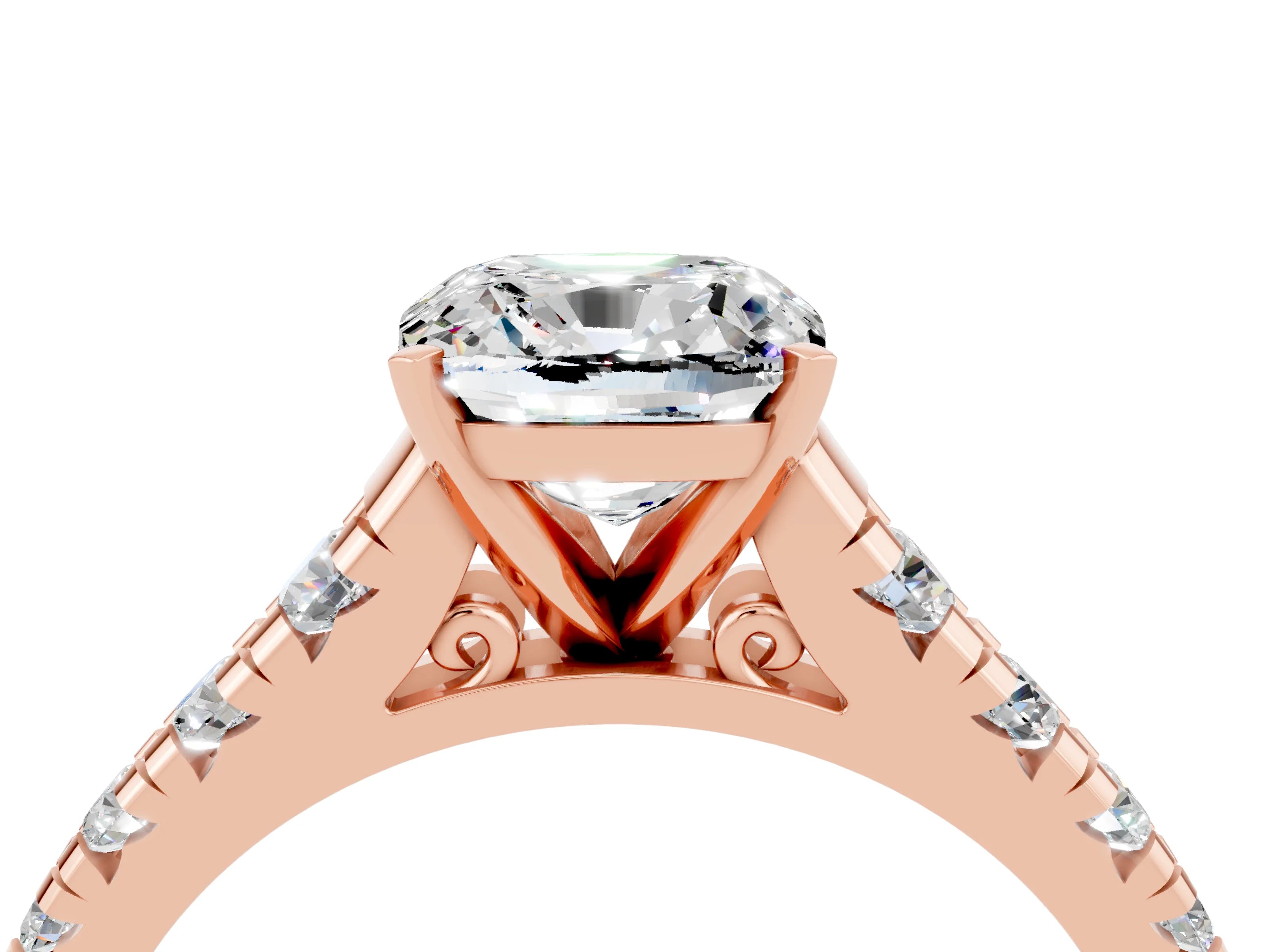 Rose gold Cushion Cut Moissanite Solitaire Ring with Cathedral Setting and Pavé Band_4
