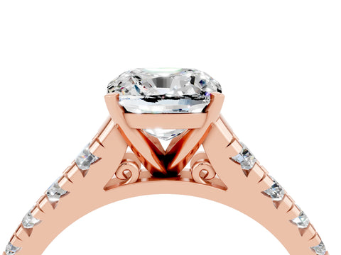 Rose gold Cushion Cut Moissanite Solitaire Ring with Cathedral Setting and Pavé Band_4