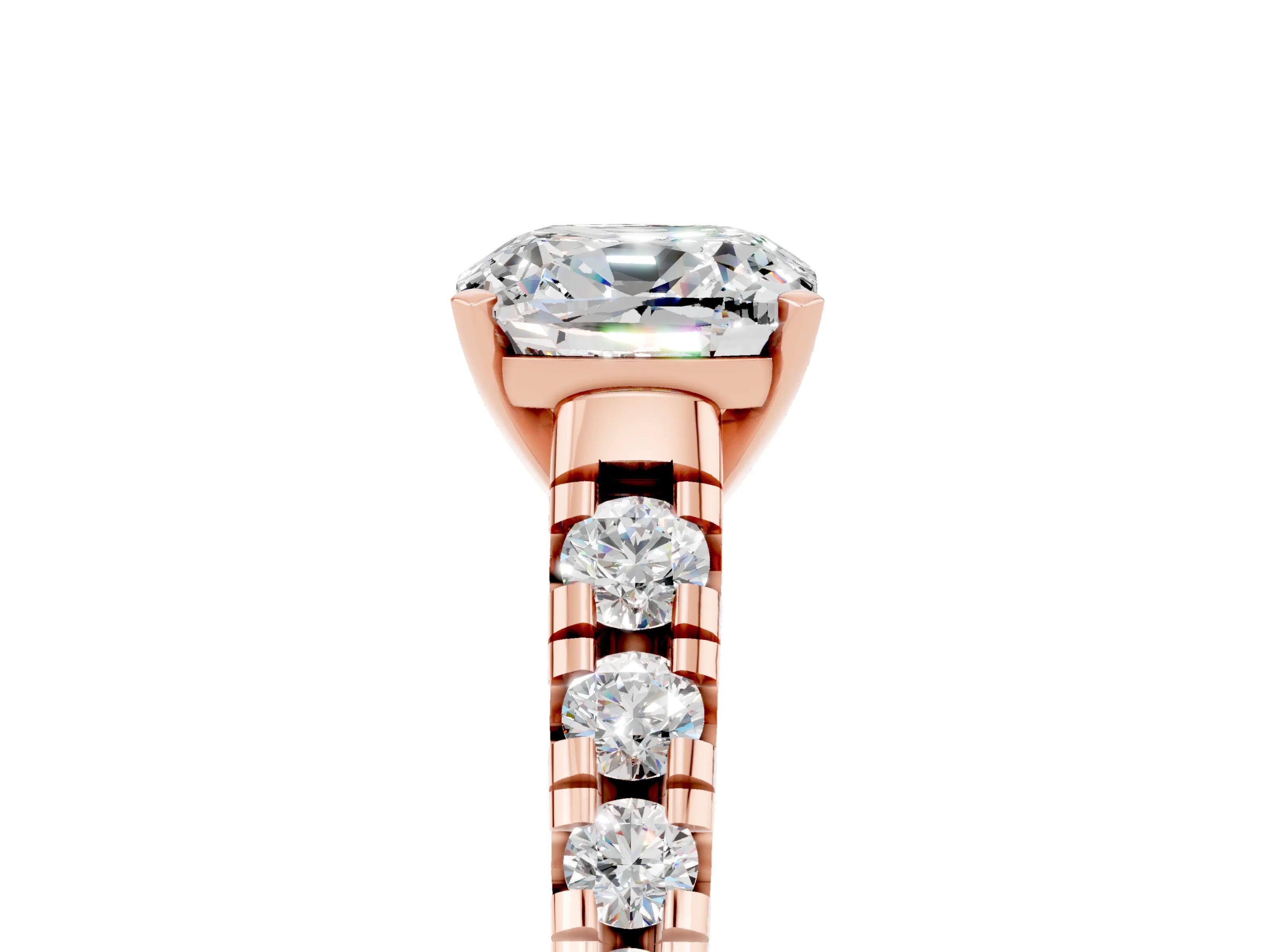 Rose gold Cushion Cut Moissanite Solitaire Ring with Cathedral Setting and Pavé Band_5