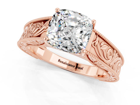 Rose gold Cushion Cut Moissanite Solitaire Ring with Engraved Band and Four-Prong Setting_1