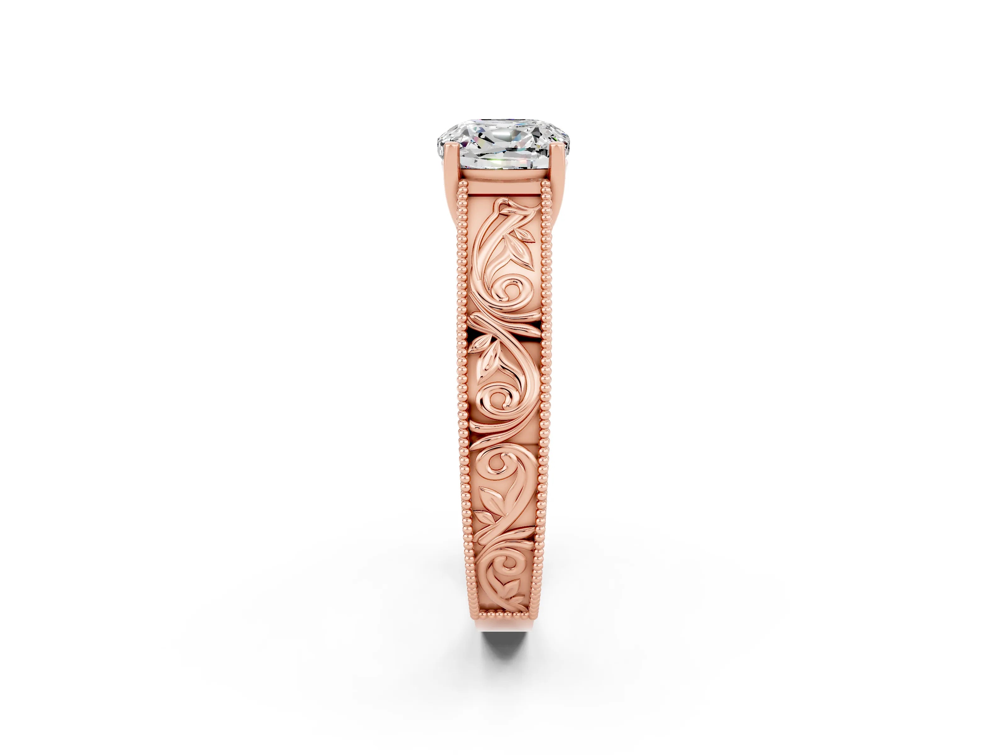 Rose gold Cushion Cut Moissanite Solitaire Ring with Engraved Band and Four-Prong Setting_2