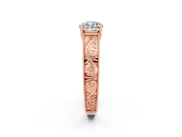 Rose gold Cushion Cut Moissanite Solitaire Ring with Engraved Band and Four-Prong Setting