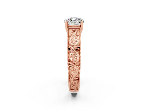 Rose gold Cushion Cut Moissanite Solitaire Ring with Engraved Band and Four-Prong Setting_2