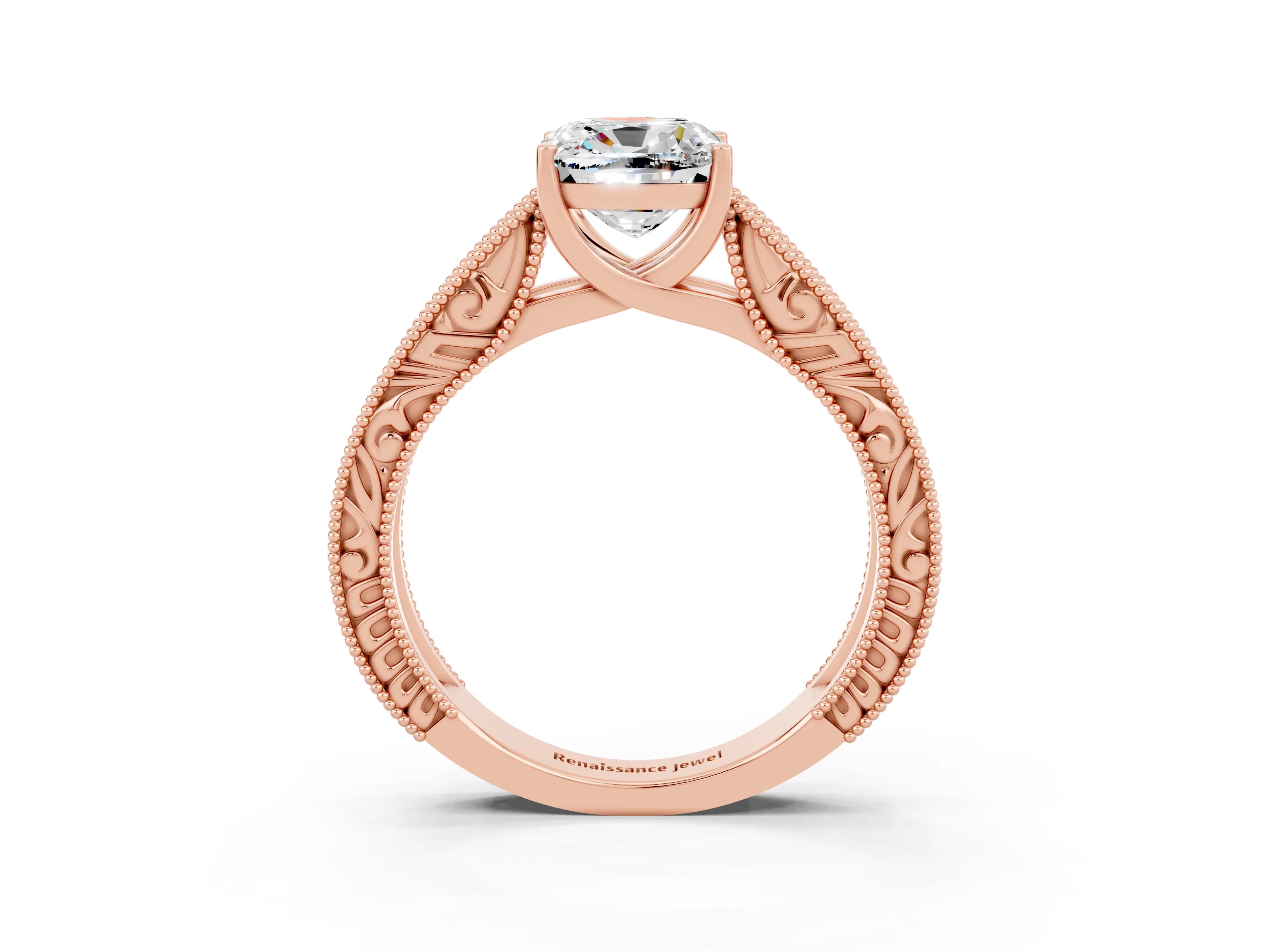 Rose gold Cushion Cut Moissanite Solitaire Ring with Engraved Band and Four-Prong Setting_3