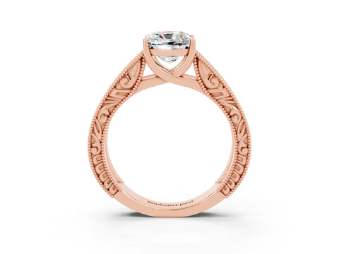 Rose gold Cushion Cut Moissanite Solitaire Ring with Engraved Band and Four-Prong Setting_3