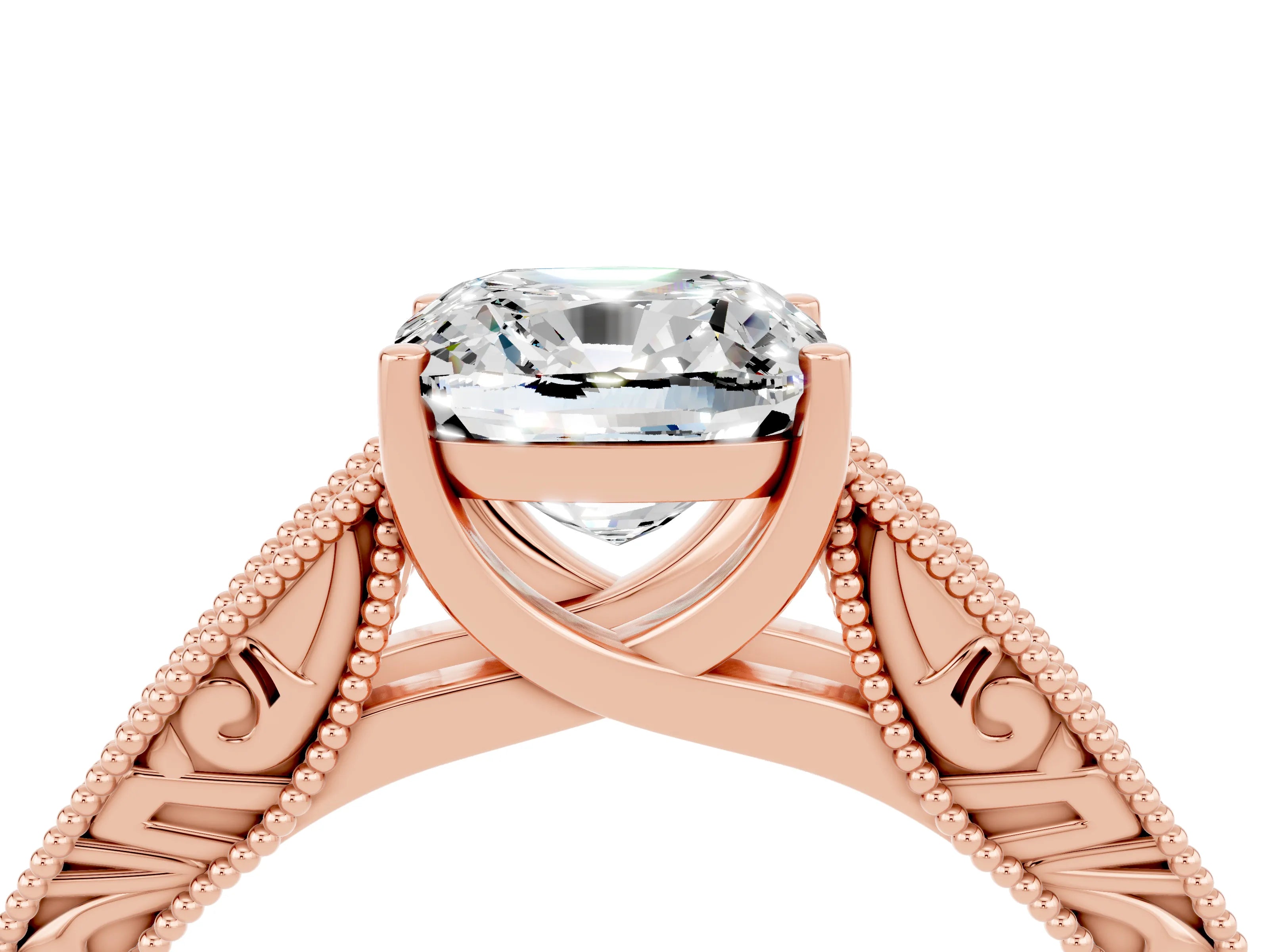 Rose gold Cushion Cut Moissanite Solitaire Ring with Engraved Band and Four-Prong Setting_4